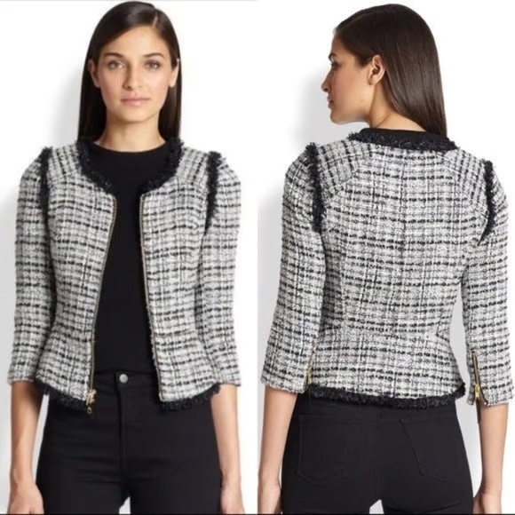 MILLY Plaid Houndstooth Fringe Wool BlazerWomen’s Chic Jacket